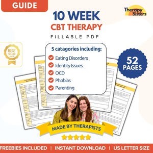 May include: A digital product listing for a 10-week CBT therapy workbook with 52 pages. The workbook is fillable and includes categories for eating disorders, identity issues, OCD, phobias, and parenting. The listing includes a best seller badge, a star rating, and the text "Made by Therapists".