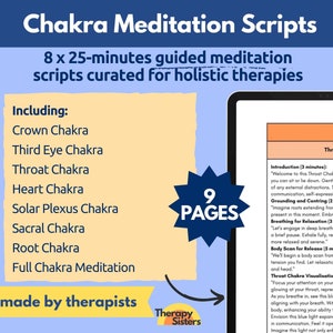 May include: A digital download of 9 pages of guided meditation scripts for chakra healing. The scripts are curated for holistic therapies and include meditations for each chakra, as well as a full chakra meditation. The image shows a tablet screen displaying the first page of the meditation script for the throat chakra. The text on the screen includes the title "Throat Chakra Healing" and the headings "Introduction", "Grounding and Centring", "Breathing for Relaxation", "Body Scan for Release", and "Throat Chakra Visualization and Mindfulness".