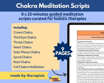 May include: A digital download of 9 pages of guided meditation scripts for chakra healing. The scripts are curated for holistic therapies and include meditations for each chakra, as well as a full chakra meditation. The image shows a tablet screen displaying the first page of the meditation script for the throat chakra. The text on the screen includes the title "Throat Chakra Healing" and the headings "Introduction", "Grounding and Centring", "Breathing for Relaxation", "Body Scan for Release", and "Throat Chakra Visualisation and Mindfulness".