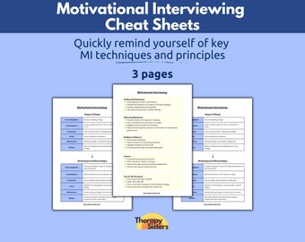 Motivational Interviewing Therapy Cheat Sheets | MI Therapy Psychotherapy Notes NCE Notes Social Worker Therapy Notes CBT Counsellor Notes