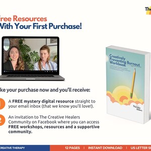 以下が含まれることがあります： Therapy Sistersの広告。2人の女性が表示されたラップトップと、「Creatively Preventing Burnout Workbook」というタイトルのワークブックが写っています。「Free Resources With Your First Purchase!」というテキストと、無料のデジタルリソースとFacebookコミュニティの詳細が記載されています。