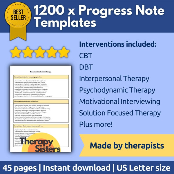 Therapy Progress Note Template | Therapy Note Sentence Starters Therapy Intervention Counselor Cheat Sheet Counselor Note Template HIPAA