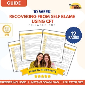 Peut inclure: Un guide numérique intitulé "10 semaines de récupération de la culpabilité de soi en utilisant la TCC" avec "12 pages" est affiché. Le guide est un PDF remplissable et comprend des cadeaux. Le guide est au format US Letter et est réalisé par des thérapeutes.
