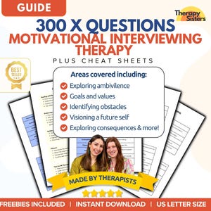 以下が含まれることがあります： 「300 X 質問 モチベーション面接療法 プラス チートシート」というタイトルのガイドで、ベストセラーバッジが付いています。このガイドは、アンビバレンスの探求、目標と価値観、障害の特定、未来の自分のビジョン、そして結果の探求など、さまざまな分野を網羅しています。このガイドはセラピストによって作成され、特典が含まれています。