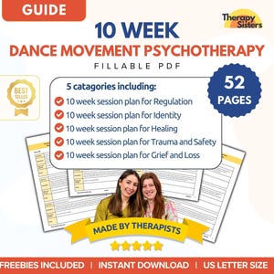 Pode incluir: Um guia digital intitulado "10 Semanas de Psicoterapia de Movimento e Dança" com o texto "PDF Preenchível". O guia inclui 5 categorias e tem 52 páginas. A imagem também inclui o texto "Feito por Terapeutas".