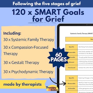Grief Therapy SMART Goals | Grief and Loss Therapy Interventions Therapy Cheat Sheet Phrases Grief Worksheets ACT Counselor Questions EFT