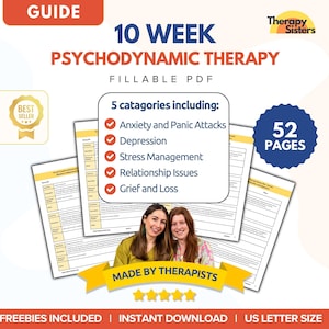 Könnte beinhalten: Ein Leitfaden für ein 10-wöchiges psychodynamisches Therapieprogramm. Der Leitfaden ist ein ausfüllbares PDF und umfasst 52 Seiten. Der Leitfaden behandelt Themen wie Angst und Panikattacken, Depression, Stressbewältigung, Beziehungsprobleme und Trauer. Der Leitfaden wurde von Therapeuten erstellt und enthält kostenlose Extras. Der Leitfaden steht zum sofortigen Download bereit und hat das Format US Letter.