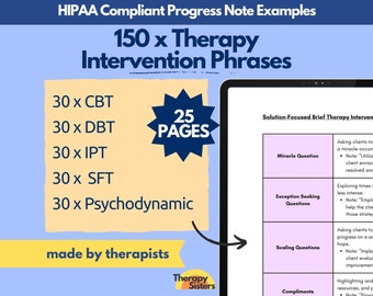 Puede incluir: Un gráfico azul y amarillo con el texto "HIPAA Compliant Progress Note Examples" y "150 x Therapy Intervention Phrases". El gráfico enumera 30 ejemplos de intervenciones de TCC, DBT, IPT, SFT y psicodinámica. El gráfico también incluye una estrella con el texto "25 PAGES" y una tabla con el texto "Intervenciones de terapia breve centrada en soluciones".