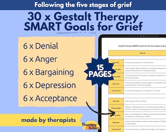 May include: A blue and yellow graphic with the text "30 x Gestalt Therapy SMART Goals for Grief" and "15 PAGES". The graphic lists the five stages of grief: Denial, Anger, Bargaining, Depression, and Acceptance. Each stage has 6 SMART goals for grief therapy.