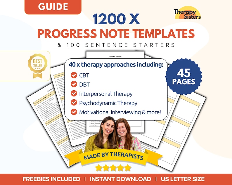Peut inclure: Un guide pour les th&eacute;rapeutes avec 1200 mod&egrave;les de notes de progression et 100 amorces de phrases. Il comprend 40 approches th&eacute;rapeutiques, telles que la TCC, la DBT, la th&eacute;rapie interpersonnelle, la th&eacute;rapie psychodynamique et l'entretien motivationnel. Le guide compte 45 pages et est r&eacute;alis&eacute; par des th&eacute;rapeutes. C'est un best-seller et il comprend des cadeaux.