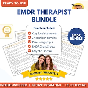 May include: A digital download bundle for EMDR therapists, featuring a checklist of resources, including cognitive interweaves, 27 cognition domains, resourcing scripts, EMDR cheat sheets, and easy and practical tips. The bundle is labelled "EMDR Therapist Bundle" and "Made by Therapists".