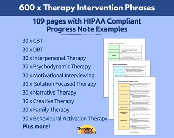 600 Therapy Intervention Phrases HIPAA Compliant Progress Notes | Therapy Cheat Sheet Phrases IFS Therapy ACT Counselor Questions Smart Goal