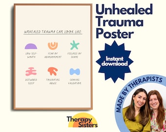 May include: A printable poster with a light brown wooden frame, featuring a white background with colorful abstract shapes and text that reads "Unhealed Trauma Can Look Like:" and lists various symptoms of trauma. The poster is titled "Unhealed Trauma Poster" and includes the text "Instant Download" and "Made by Therapists". The poster is designed by "Therapy Sisters" and features a photo of two women.