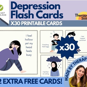 Tarjetas didácticas sobre la depresión / Depresión, desarrollo de la autoestima, hojas de terapia, alivio de la ansiedad, TCC, habilidades de afrontamiento de la TCD, crecimiento