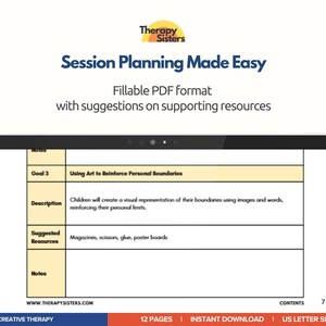 以下が含まれることがあります： デジタルタブレットには、「Session Planning Made Easy」というドキュメントが表示されています。ドキュメントには、目標、説明、推奨リソースのセクションが含まれています。テキストには「芸術を使って個人の境界線を強化する」と書かれており、雑誌、はさみ、のり、厚紙がリストされています。