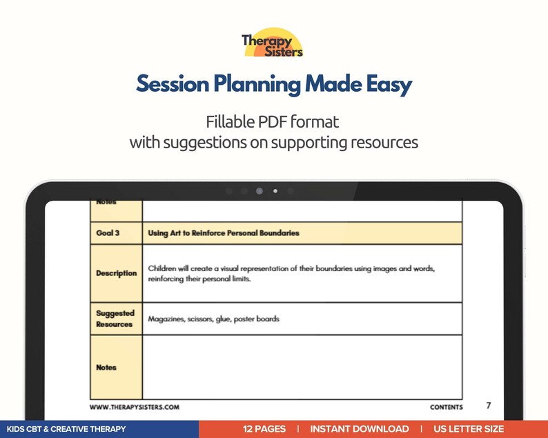 以下が含まれることがあります： デジタルタブレットには、「Session Planning Made Easy」というドキュメントが表示されています。ドキュメントには、目標、説明、推奨リソースのセクションが含まれています。テキストには「芸術を使って個人の境界線を強化する」と書かれており、雑誌、はさみ、のり、厚紙がリストされています。