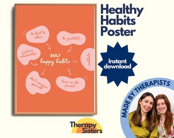 Healthy Habits Poster | Growth Mindset Therapy Office Decor CBT Poster Counselor Office Decor Calm Down Corner Poster DBT Cards Psychologist