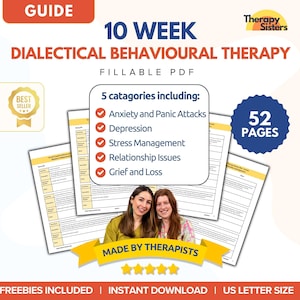 Puede incluir: Un libro de trabajo de terapia conductual dialéctica de 10 semanas con 52 páginas. El libro de trabajo está diseñado para ayudar a las personas a controlar la ansiedad, la depresión, el estrés, los problemas de relación y el dolor. Es un PDF rellenable e incluye obsequios. El libro de trabajo está hecho por terapeutas y es un éxito de ventas.
