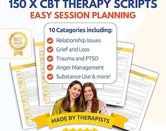 May include: A digital download of 150 CBT therapy scripts for easy session planning. The scripts cover 10 categories including relationship issues, grief and loss, trauma and PTSD, anger management, substance use, and more. The product is labeled as a best seller and is made by therapists.
