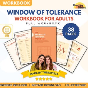 Peut inclure: Un classeur numérique pour adultes intitulé "Window of Tolerance Workbook for Adults" avec le texte "Full Workbook" et "38 Pages". Le classeur est réalisé par des thérapeutes et comprend des cadeaux. La couverture présente un fond orange vif avec un motif de grille et le texte "The Window of Tolerance Workbook".
