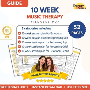 May include: A digital guide for 10-week music therapy, a fillable PDF. The guide includes 5 categories: Emotions, Expressing Self, Reclaiming Joy, Processing Grief, and Relational Repair. The guide is 52 pages and made by therapists.