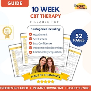 Pode incluir: Um guia digital intitulado "10 Week CBT Therapy" com o texto "Fillable PDF". O guia inclui 5 categorias: Apego, Autoestima, Baixa confiança, Relações interpessoais e Desregulação emocional. O guia tem 52 páginas e é feito por terapeutas.