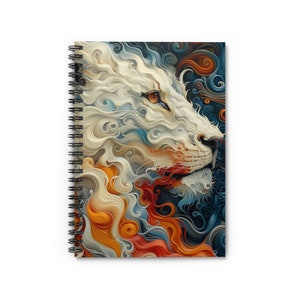 May include: A white lion's face is depicted in a swirling abstract pattern of blue, orange, and red. The lion's eye is a bright orange.
