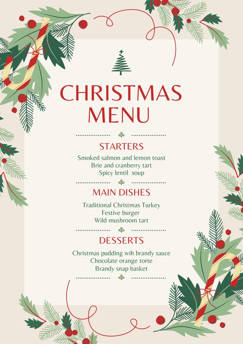 Christmas Menu Printable Christmas Menu 5x7 quot Instant Download