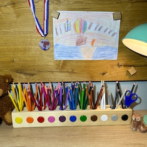 Wooden Montessori pen holder, colored pencil holder, desk organizer ideal for school children or daycare