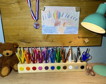 Wooden Montessori pen holder, colored pencil holder, desk organizer ideal for school children or daycare