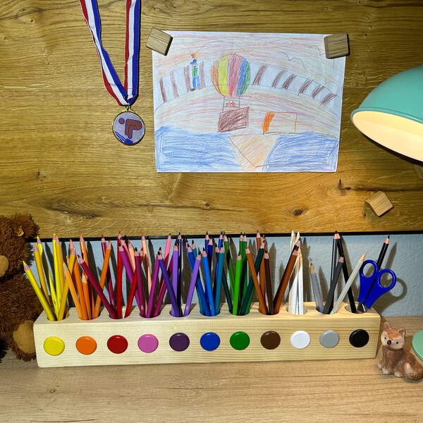 Holz Stiftehalter Montessori, Buntstifthalter, Schreibtisch Organizer optimal für Schulkinder oder Kita