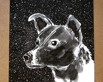 Laika the dog original inkbrush drawing print