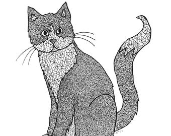 Original cat drawing with geometric fine lines