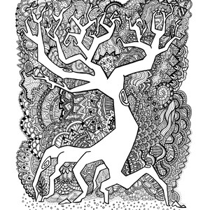 May include: A monochrome illustration of a tree with elaborate patterns. The tree's white trunk and branches stand out against a detailed backdrop of swirling designs. The roots extend into a dotted ground, creating a striking visual.