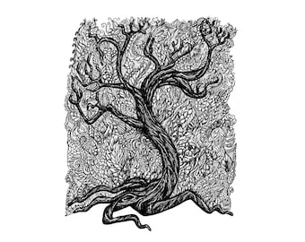 Puede incluir: Dibujo en blanco y negro de un árbol con intrincados detalles en las ramas y las hojas. El árbol está rodeado de un fondo de patrones en espiral.