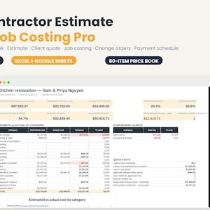Może przedstawiać: Cyfrowy szablon arkusza kalkulacyjnego zatytułowany Contractor Estimate & Job Costing Pro, zawierający 8 zakładek, kompatybilność z programami Excel i Google Sheets oraz cennik 80 pozycji. Interfejs przedstawia projekt remontu kuchni z danymi.