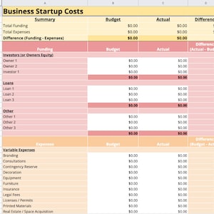 Rastreador de custos de inicialização de negócios, orçamento empresarial, planilhas Google de orçamento empresarial, modelo Excel, modelo de orçamento