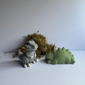 Könnte beinhalten: Zwei Dinosaurierfiguren. Eine ist ein grauer Tyrannosaurus Rex mit weißen Krallen, die andere ein grüner Stegosaurus. Sie stehen auf einer weißen Oberfläche mit einem Flecken getrockneten Mooses im Hintergrund.