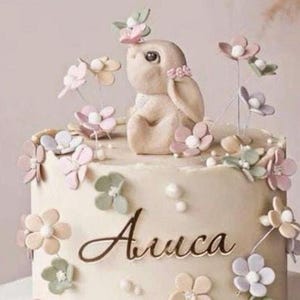 Peut inclure: Un gâteau décoré avec une figurine de lapin et des décorations florales. Le gâteau est orné de fleurs aux couleurs pastel et d'une figurine de lapin sur le dessus. Le nom "Aruca" est écrit sur le côté du gâteau en cursive. Le gâteau est de couleur beige clair.