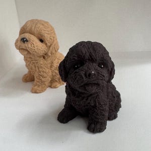 May include: Two small dog figurines. One is light brown, the other is dark brown. Both are sitting with their front paws extended. The figurines have a textured, curly appearance, resembling a poodle or similar breed. They are on a white surface.