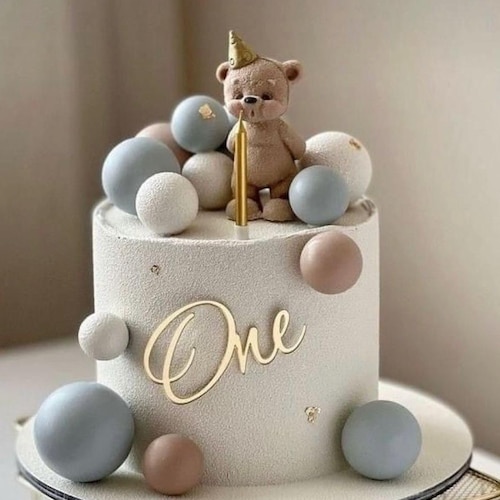 Cute Bear 1st Birthday Cake Topper - Honey Bear Theme, "Wild One" Design, Blue Vintage Cartoon Style - View #11