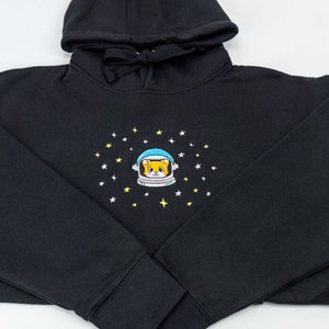 Cat Astronaut Embroidered Hoodie W/ Glow in the Dark Stars - Space Lover, Cute Cat, Animal Lover, NASA, Outer Space, Astronomy, Stars