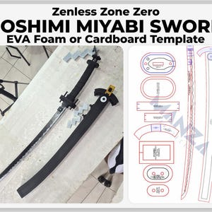 May include: A Zenless Zone Zero Hoshimi Miyabi sword EVA foam or cardboard template. The image displays a long, slender sword with a black handle and scabbard, alongside a digital blueprint featuring red and blue outlines of sword components.