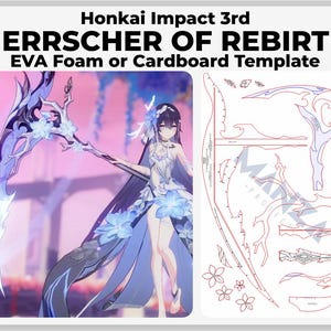Puede incluir: Una plantilla imprimible para un accesorio de cosplay de Honkai Impact 3rd Herrscher of Rebirth. La plantilla incluye un contorno detallado del arma característica del personaje, una guadaña con una hoja curva y detalles intrincados. La plantilla está diseñada para usarse con espuma EVA o cartón.