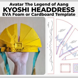 Puede incluir: Un patrón de tocado Kyoshi dorado de Avatar: La leyenda de Aang. El tocado está hecho de espuma EVA o cartón y tiene un diseño en forma de abanico. La imagen también muestra una plantilla con piezas de patrón.