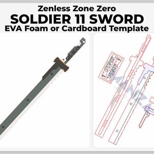 May include: Image of a Soldier 11 sword template, designed for EVA foam or cardboard. The sword has a grey blade with black and orange accents. The image also includes a template with red and blue lines.