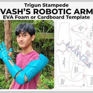 Könnte beinhalten: Eine blaue und weiße Roboterarm-Cosplay-Prop-Vorlage für Trigun Stampede. Die Vorlage enthält Teile für den Bizeps, den Unterarm und den Handrücken. Die Vorlage ist für EVA-Schaum oder Pappe geeignet.