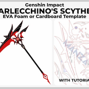 Op de afbeelding: Een printbare sjabloon voor een rode en zwarte zeis, geïnspireerd door het personage Arlecchino uit het videospel Genshin Impact. De sjabloon bevat instructies voor het bouwen van de rekwisiet met EVA-schuim of karton.