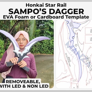 Könnte beinhalten: Eine druckbare Vorlage für einen Sampo-Dolch aus dem Videospiel Honkai Star Rail. Die Vorlage ist für die Verwendung mit EVA-Schaumstoff oder Pappe konzipiert. Die Vorlage enthält Anweisungen zum Erstellen einer abnehmbaren Klinge mit LED-Leuchten.