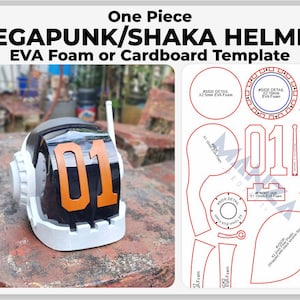 May include: A white and black helmet with the number "01" printed in orange. The helmet is a template for crafting a "Vegapunk/Shaka" helmet from EVA foam or cardboard. The template includes multiple pieces with measurements in millimeters.
